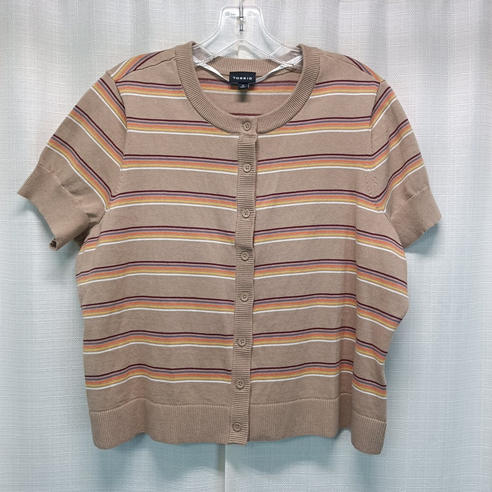 Torrid Womens 0/L Tan MultiColor Striped Short Sleeve Cotton Cardigan Sweater